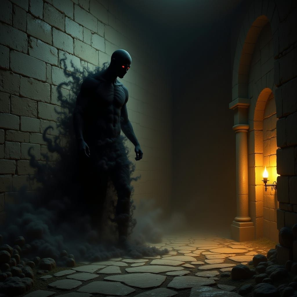 Shadow Walker Emerges from Wall into Dimly Lit Room