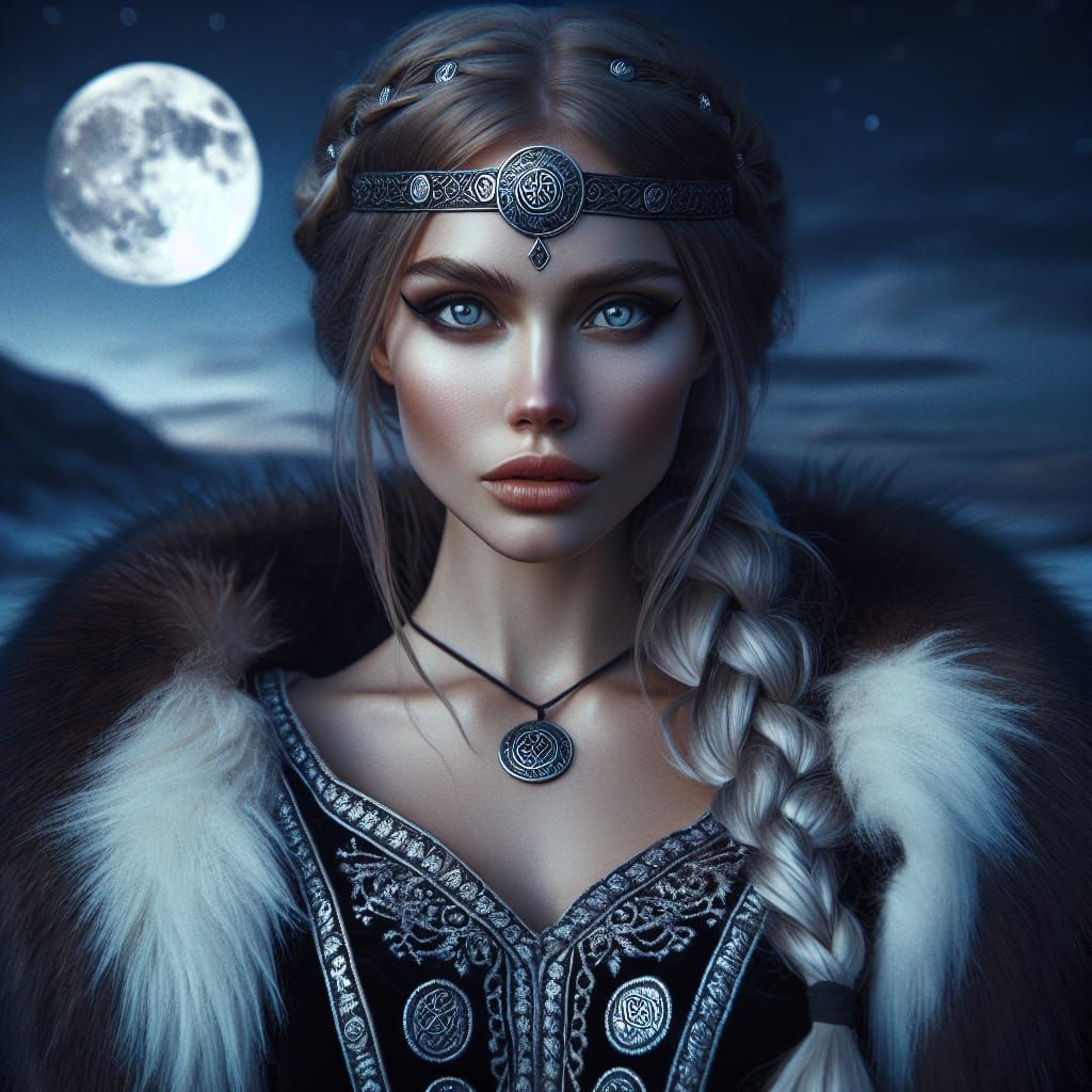 Viking Goddess Vor in Silver Circlet Under Moonlight