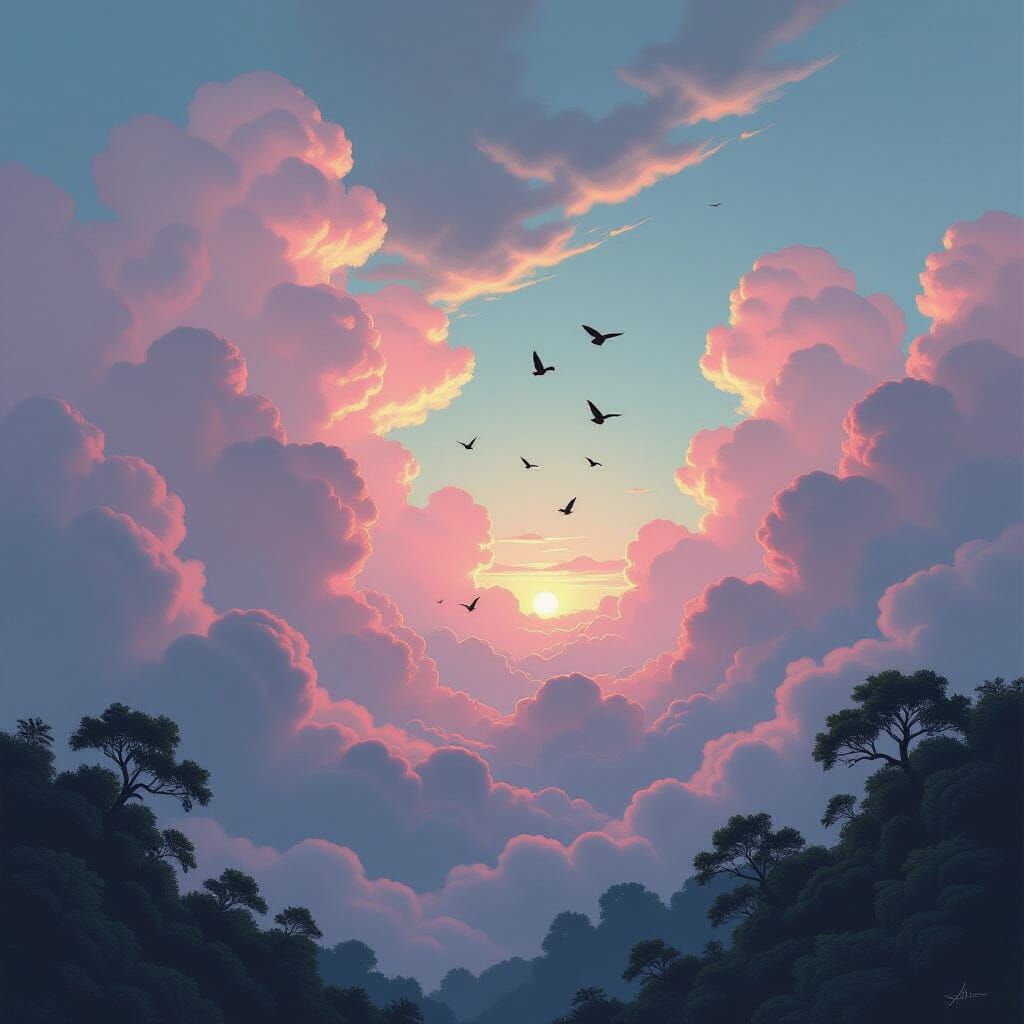 Surreal Pink Clouds and Chirping Birds in Dramatic Style