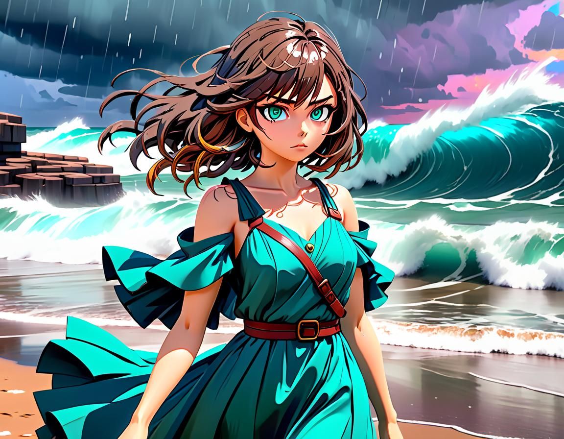 Miranda on Stormy Beach in 2D Anime Style