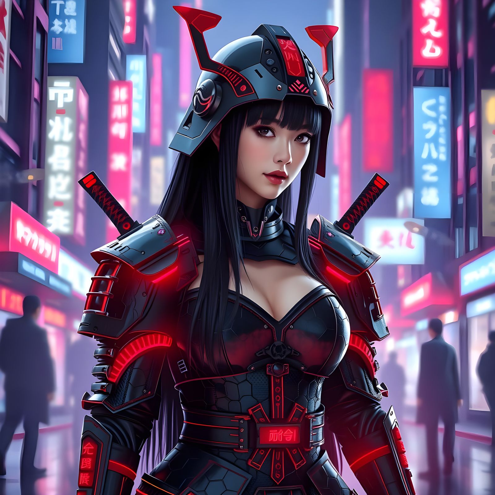 Cyberpunk Samurai Woman in Neon City