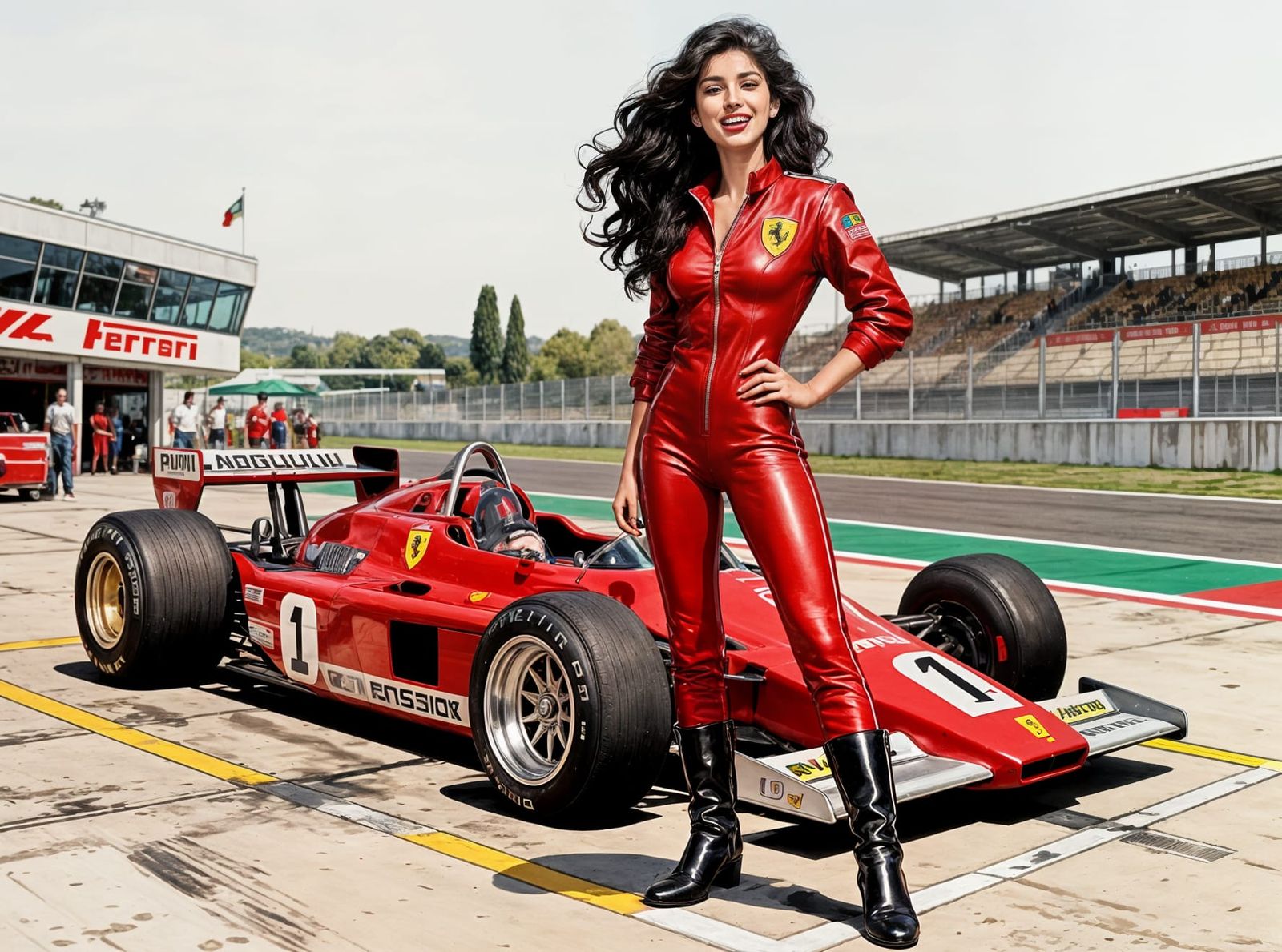 Italian Model With 1976 Ferrari F1 Car in Fumetti Style