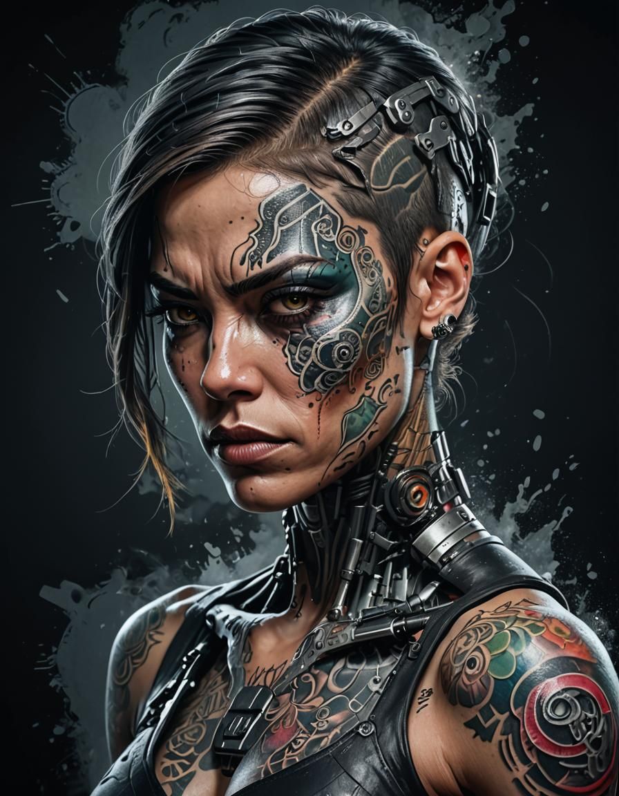 Cyborg Mafia Boss Portrait in Hyperrealistic Splash Art