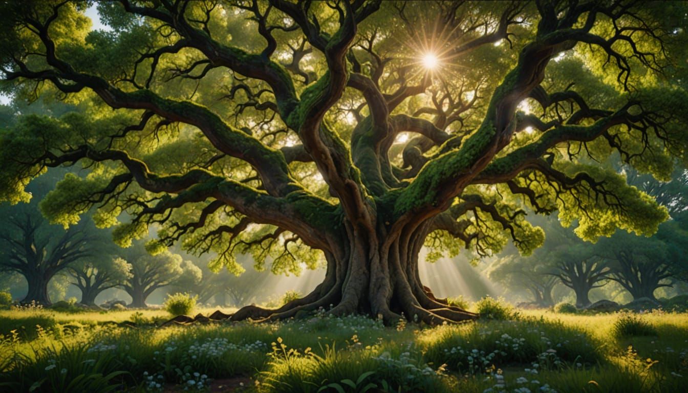 Sunlit Oak Tree in Wildflower Meadow