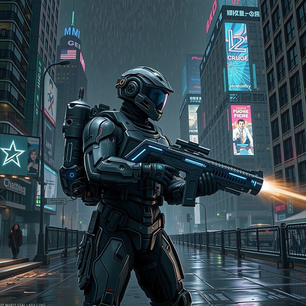 Futuristic Soldier with Jetpack and Laser Gun in Neon City