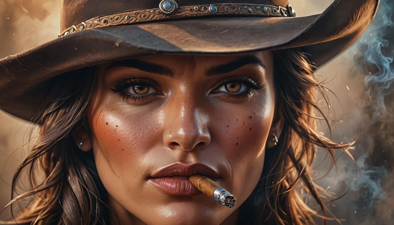 Fierce Cowgirl Smoking Cigar with Intense Eyes