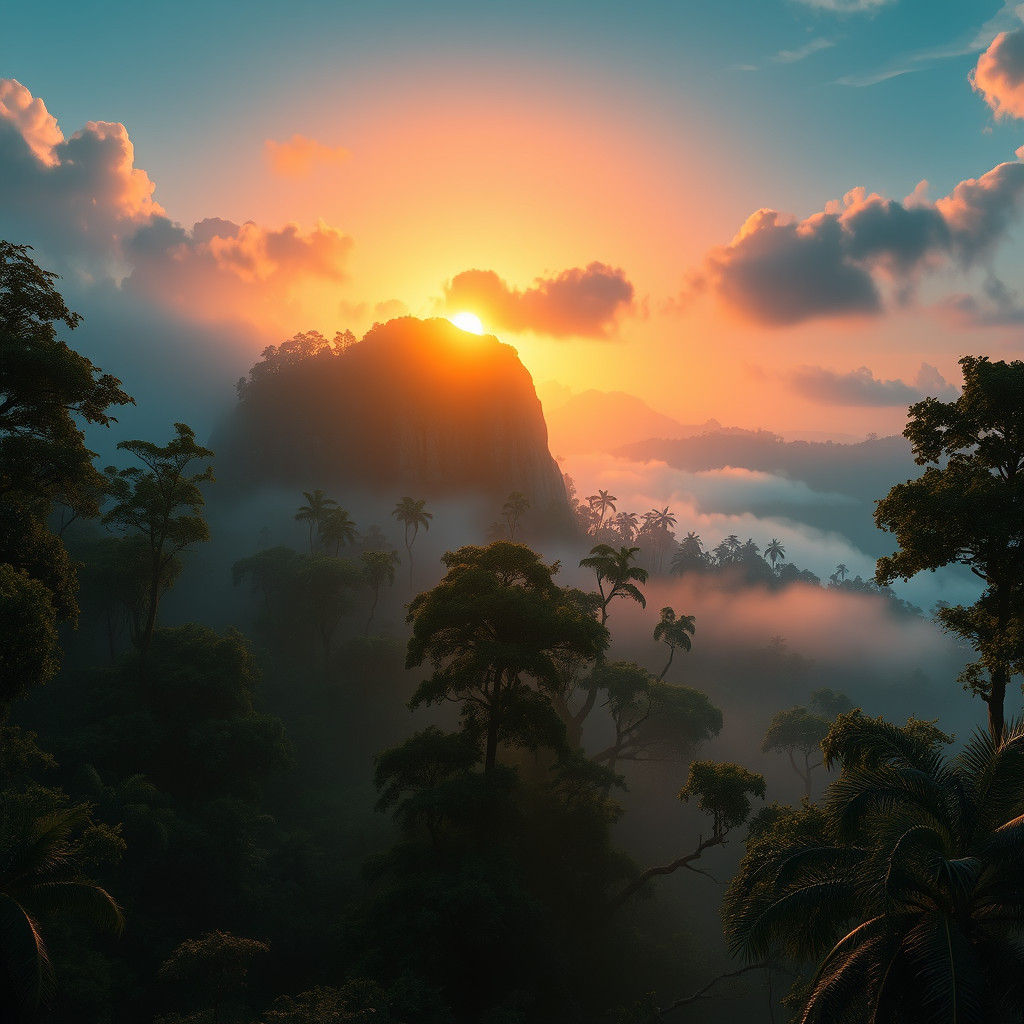 Lush Rainforest Vista at Sunrise in Cinematic Style