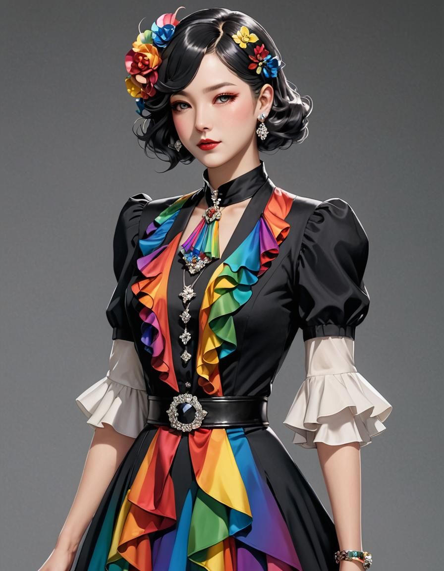 Rainbow 1930s Dress in 3D Anime Style