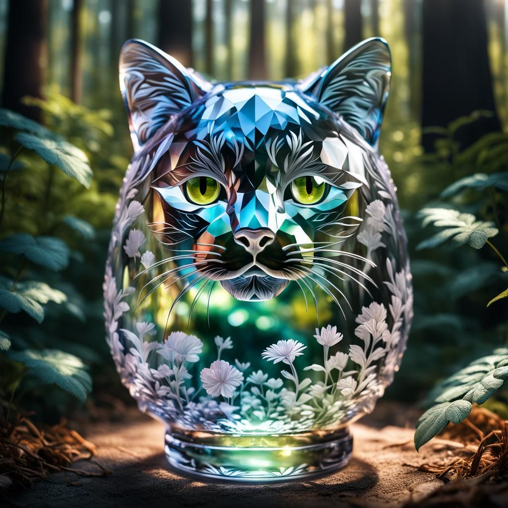 Floral Crystal Glass Cat in Forest