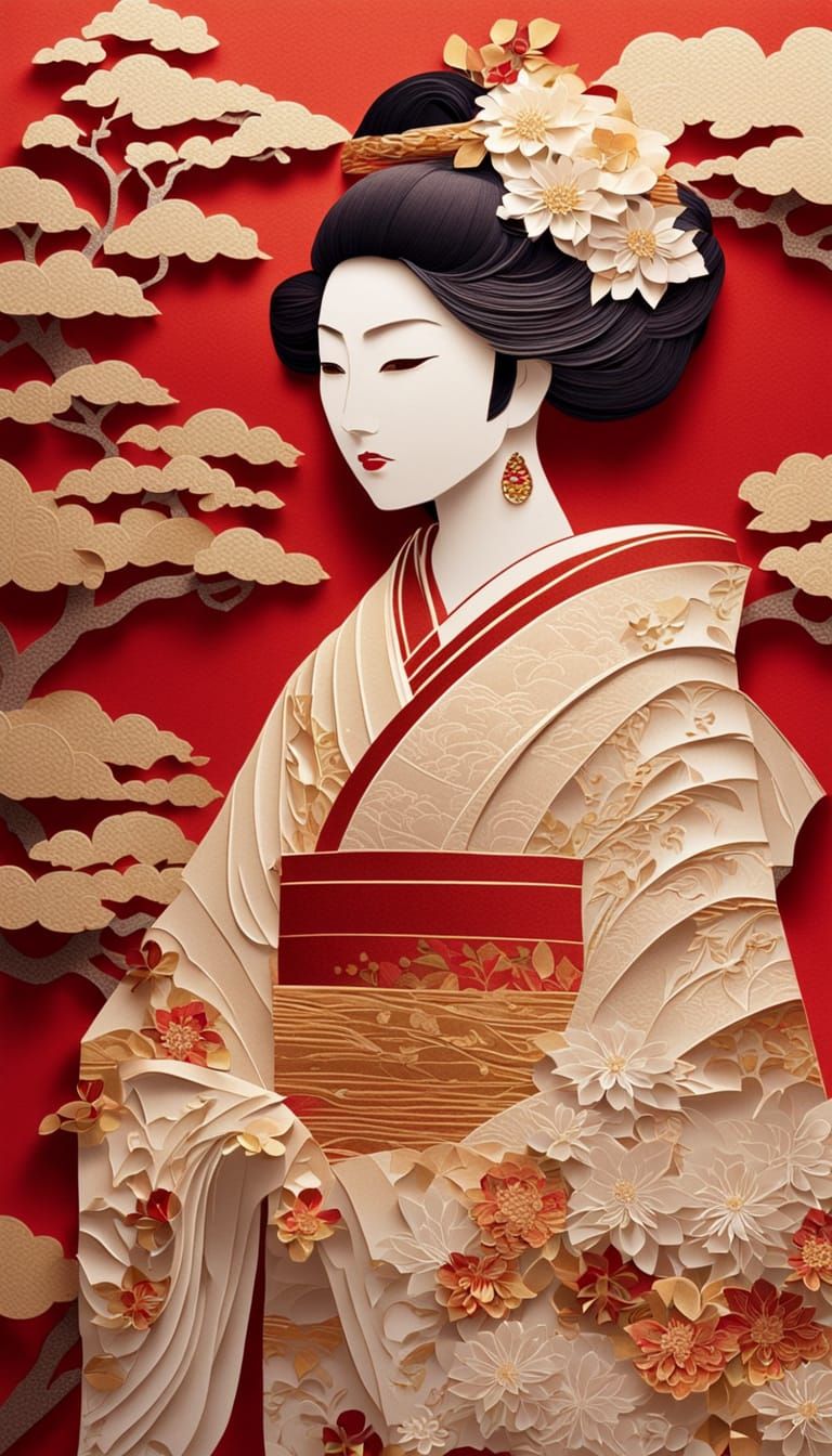 Paper Art Kimono Portrait with Floral Patterns