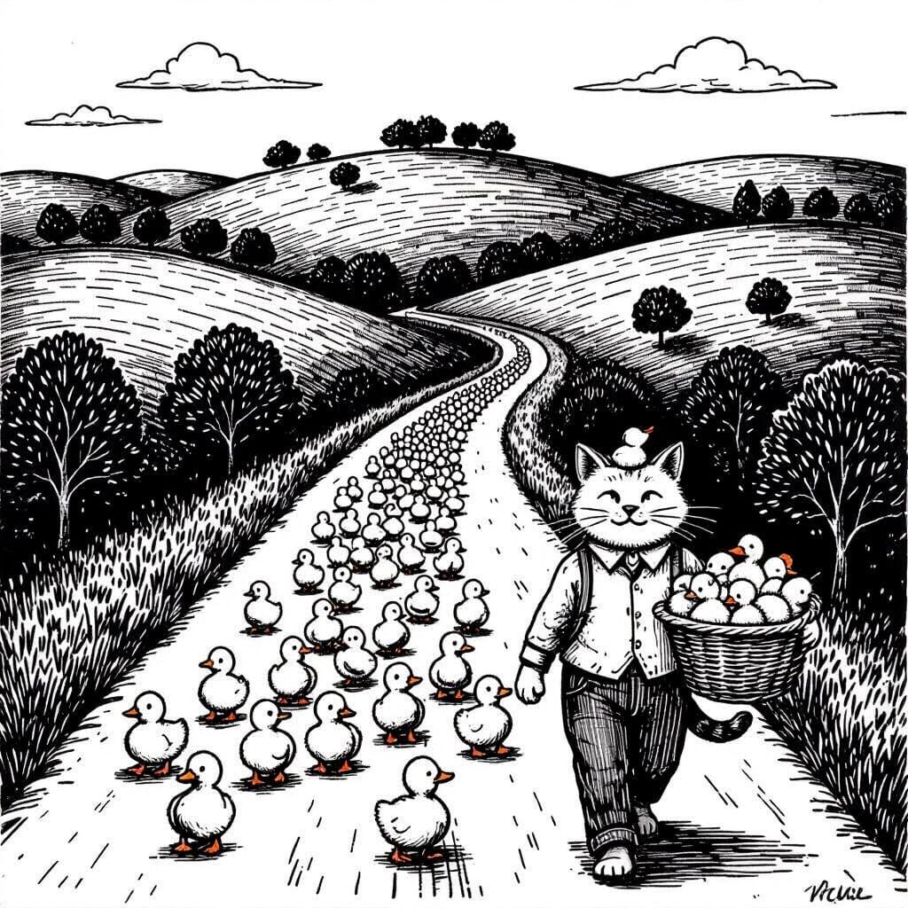 Pen and Ink Landscape with Ducklings and Cat