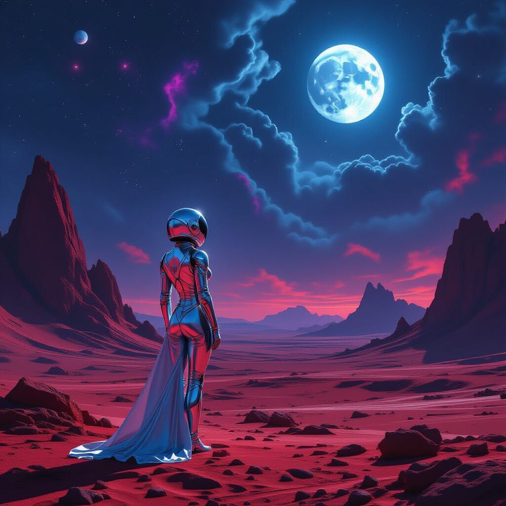 Space Explorer on Crimson Planet Amidst Nebulae