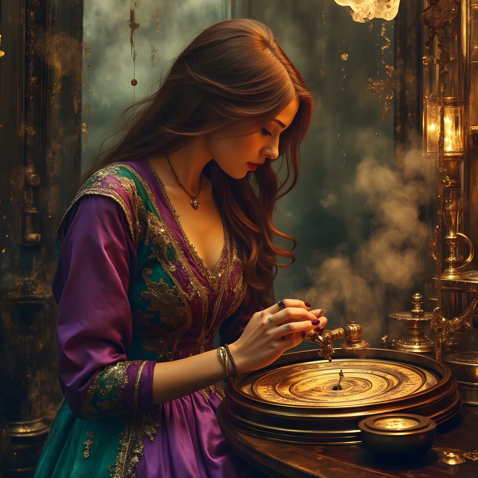 Steampunk Woman Working on Timepiece in Vintage Gown