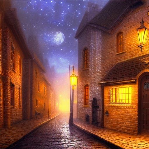 Medieval Lantern-lit Alley at Night, Fantasy Matte Painting