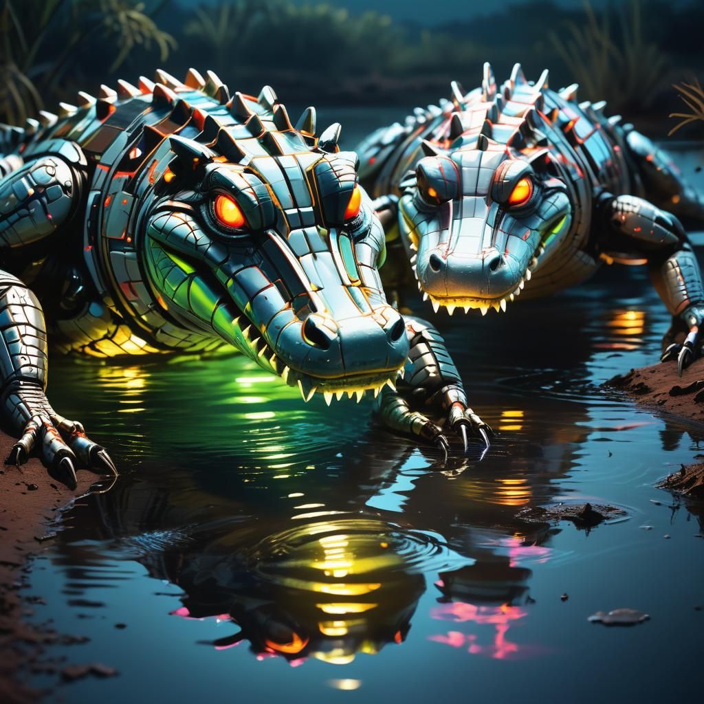 Crocodile Robots Emerge Under Neon African Night Sky