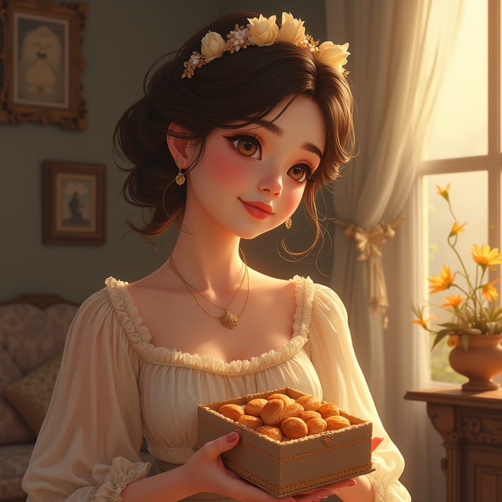 Elegant Woman Gifts Almond Pastries in Photorealistic Style