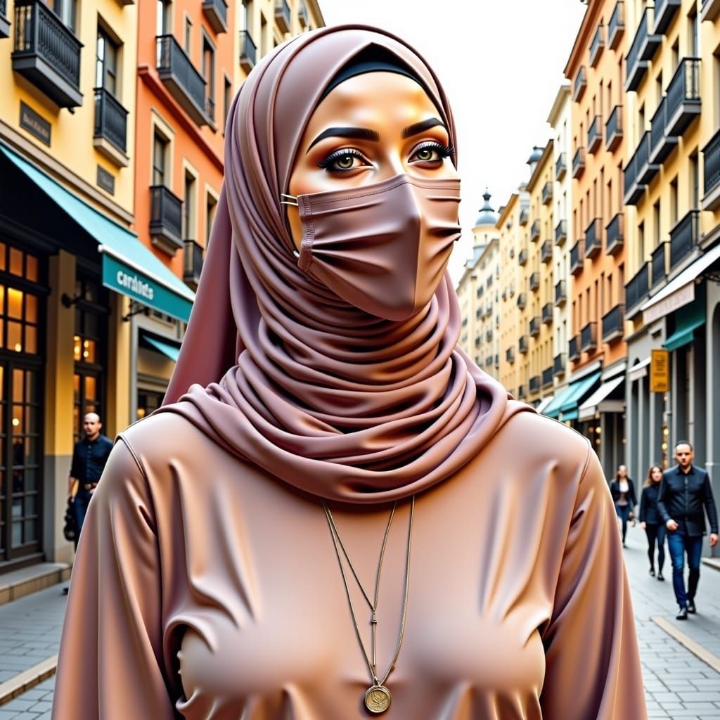 Serene Hijabi Woman in Earth Tones, Oil Gouache Style