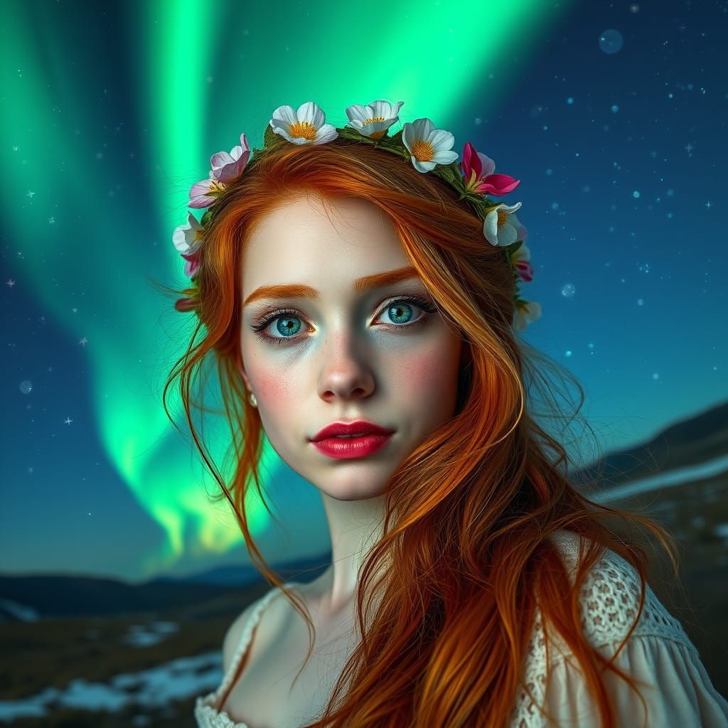 Ginger Goddess Amidst Aurora Borealis