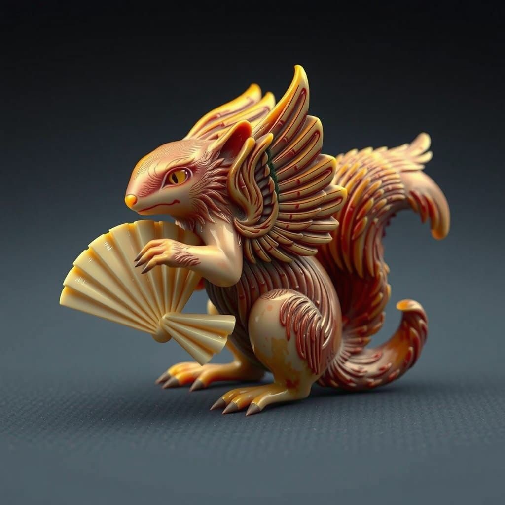 Fantastical Phoenix Squirrel Netsuke in Intricate Bone Carvi...