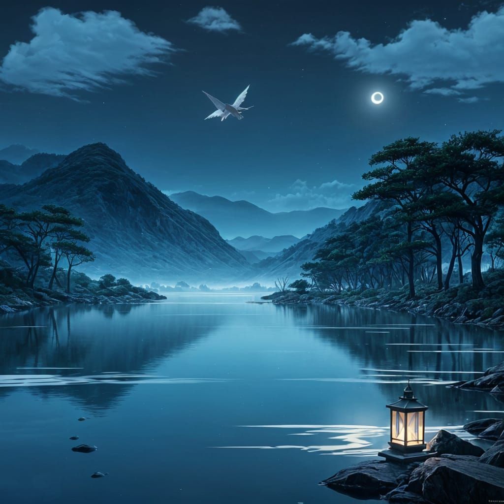 Blue Serene Landscape with Paper Crane in Anime Style