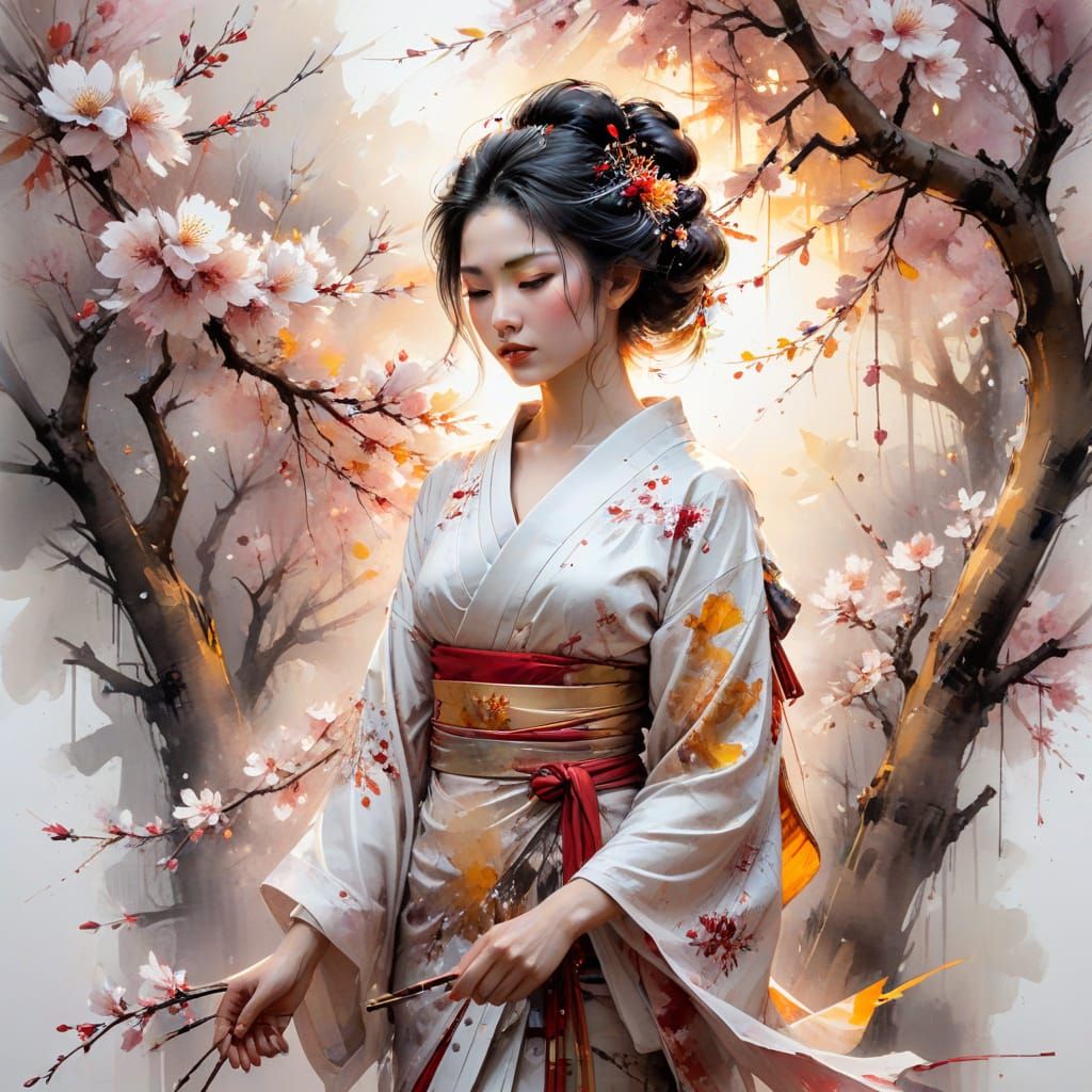 Geisha Under Blossom Tree in Watercolour Style