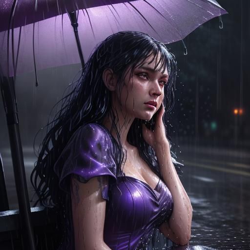 Woman in Purple Dress Drenched in Rain: Fantasy Art