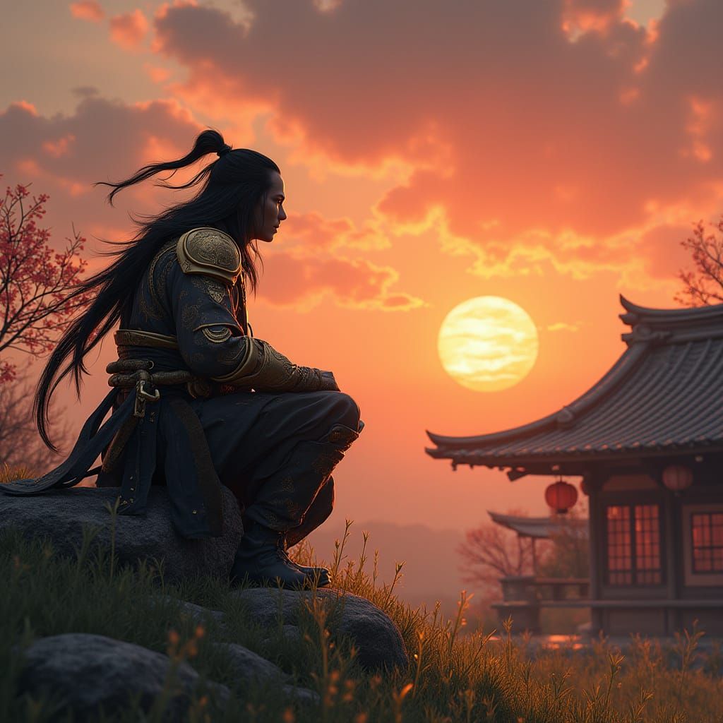 Ninja in Golden Cloak Watches Sunset over Traditional Japane...