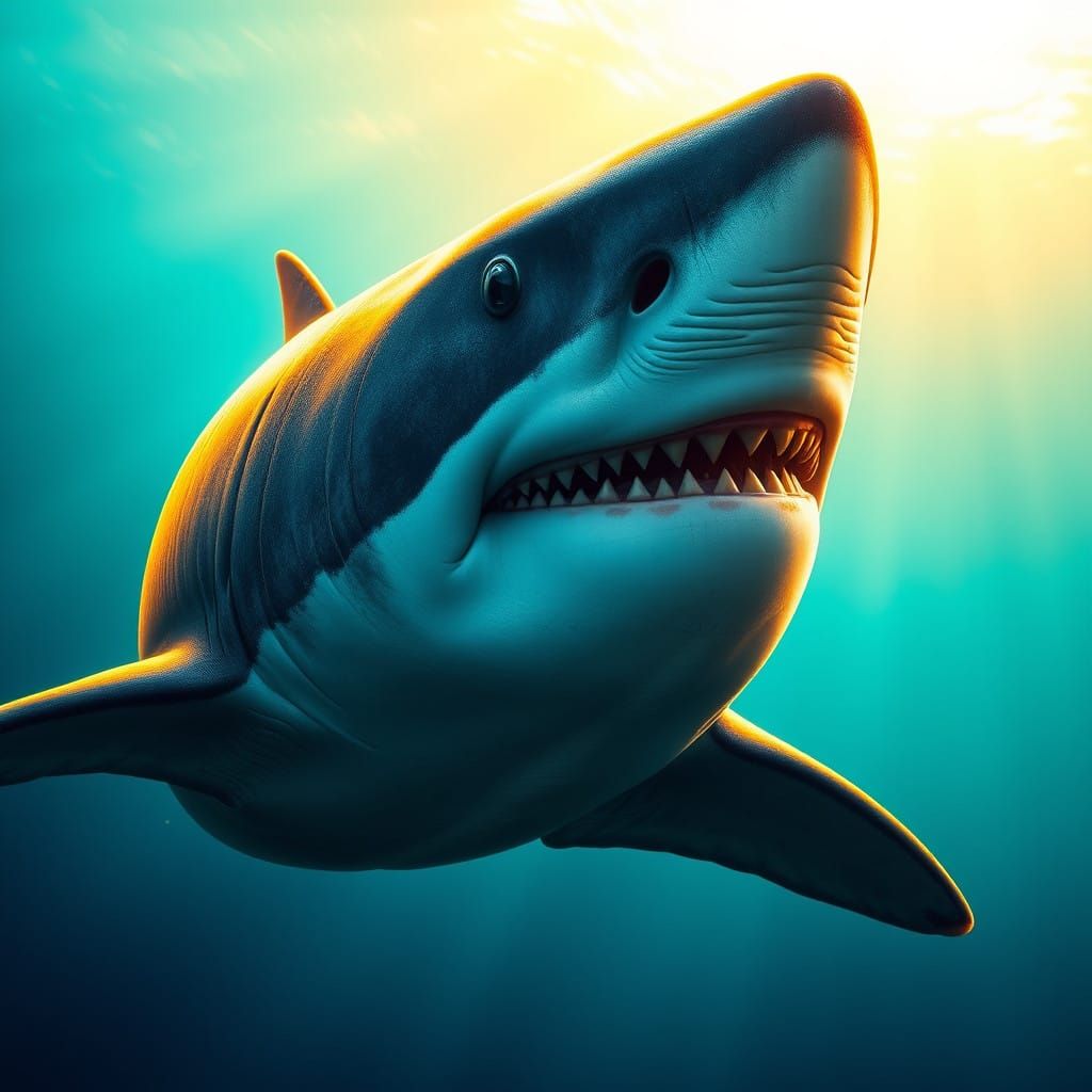Hyperrealistic Shark Portrait in Vibrant Underwater Scene
