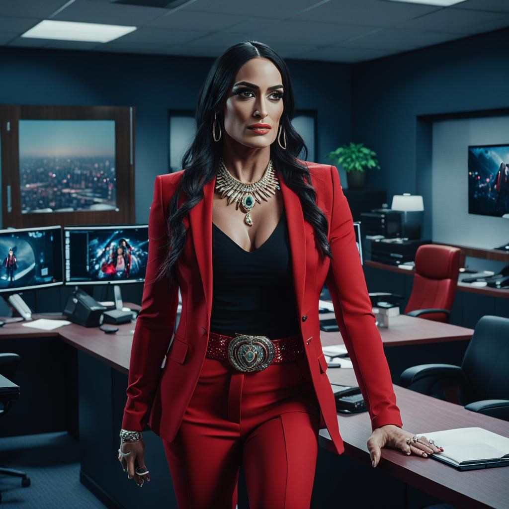 Woman in Red Suit: Cinematic Action Shot