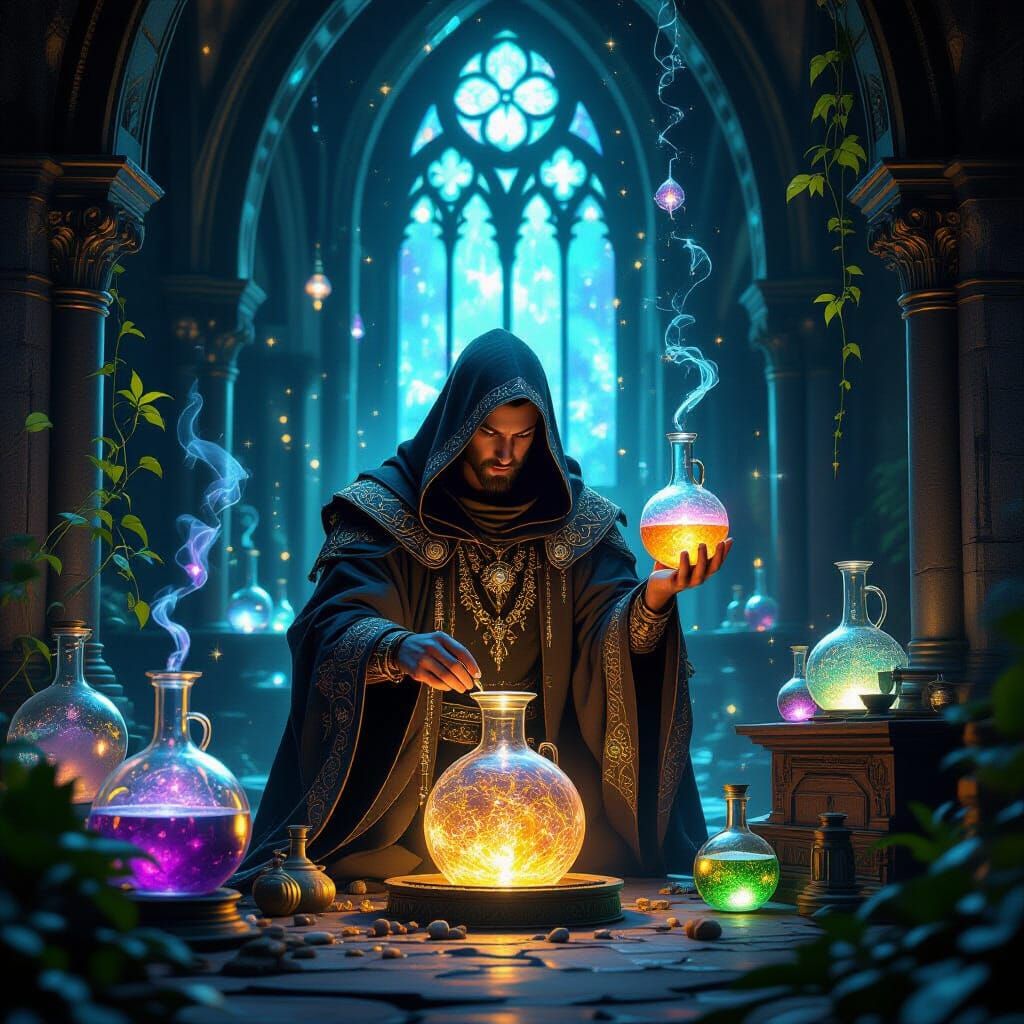 Celestial Alchemist in Gothic Chamber, Dark Fantasy Art