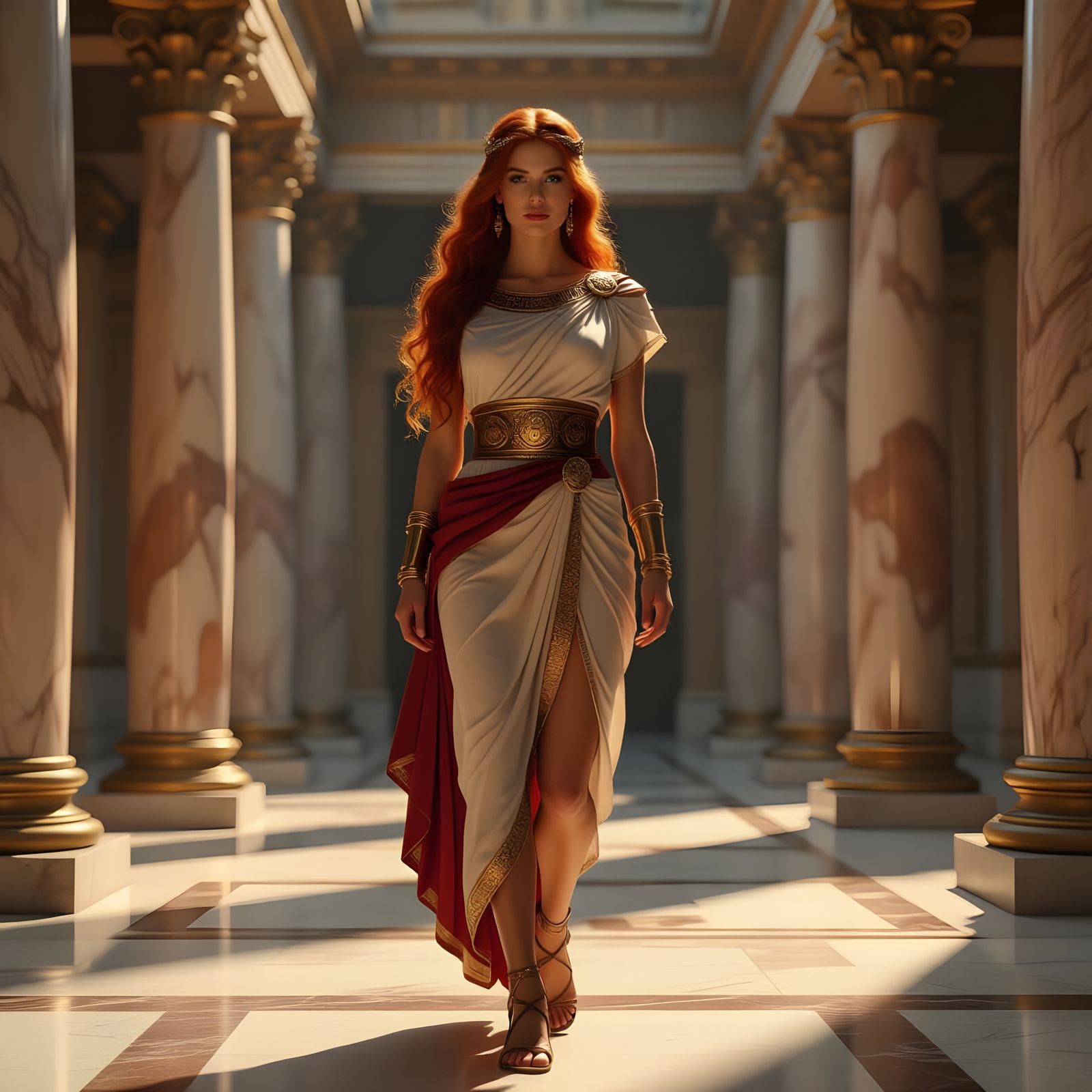 Red-Haired Woman in Roman Temple, Cinematic Style