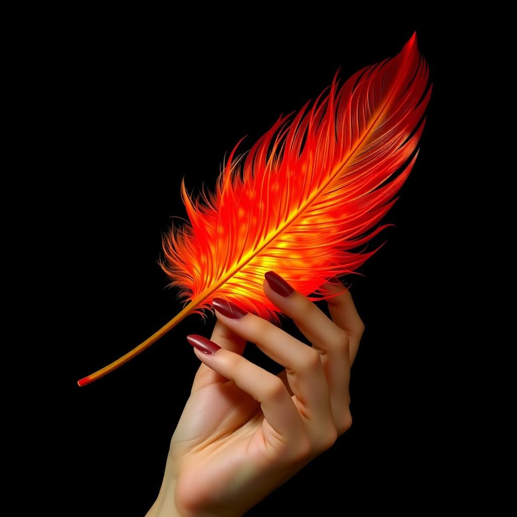 Elegant Woman Holds Glowing Phoenix Feather in Black Velvet