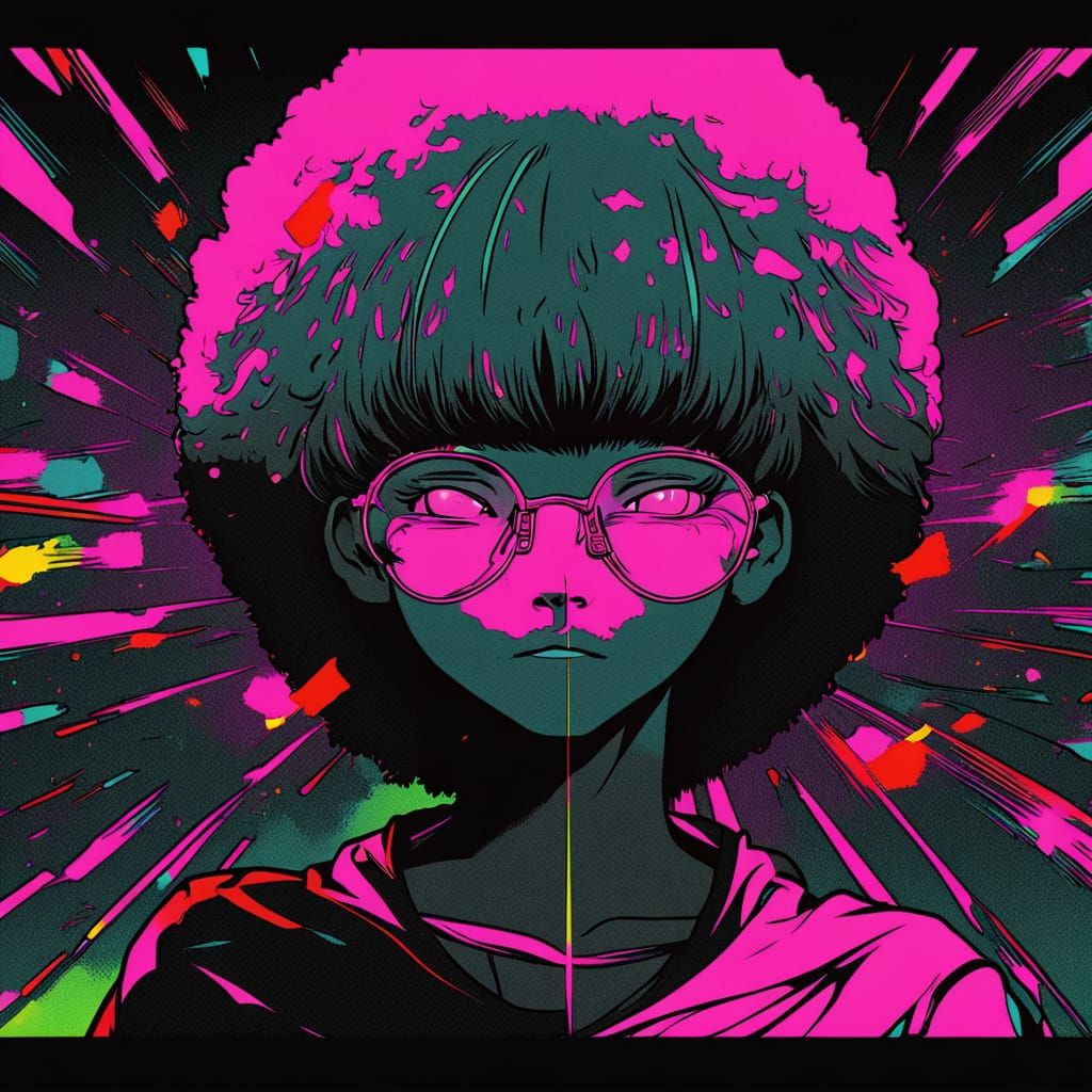 Anime College Girl with Afro in Vibrant Cel-Shading
