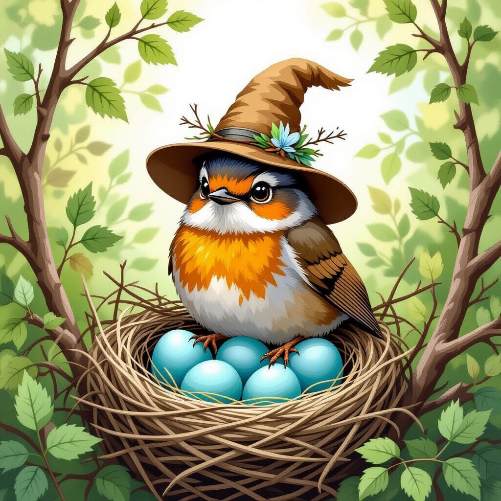Robin with Blue Eggs in Whimsical Style