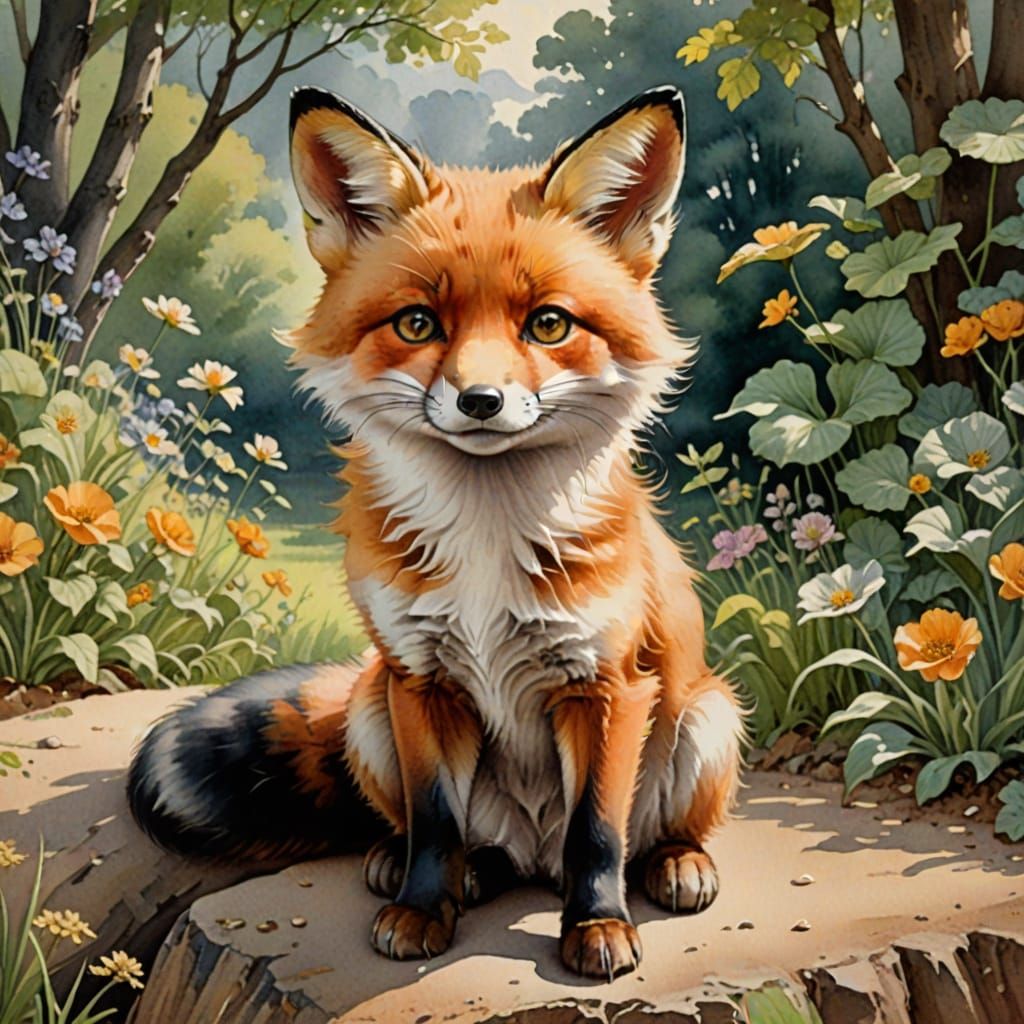 Vintage Cartoon Fox in Romantic Watercolor Style