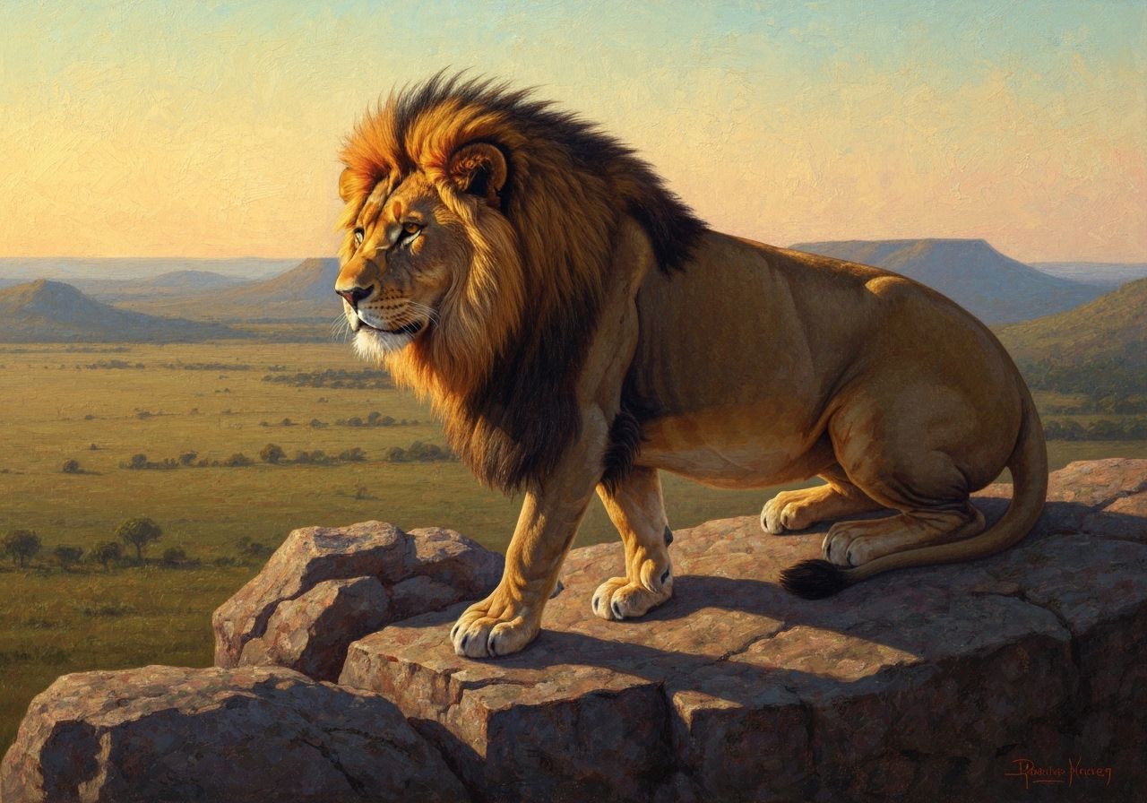 Majestic Lion on Rocky Crag as Oil Painting