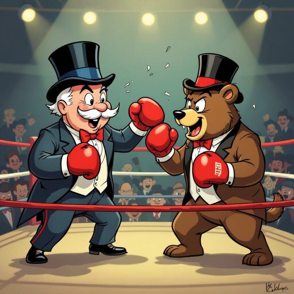 Rich Uncle Pennybags vs Wall Street Bear in Cartoon Fight