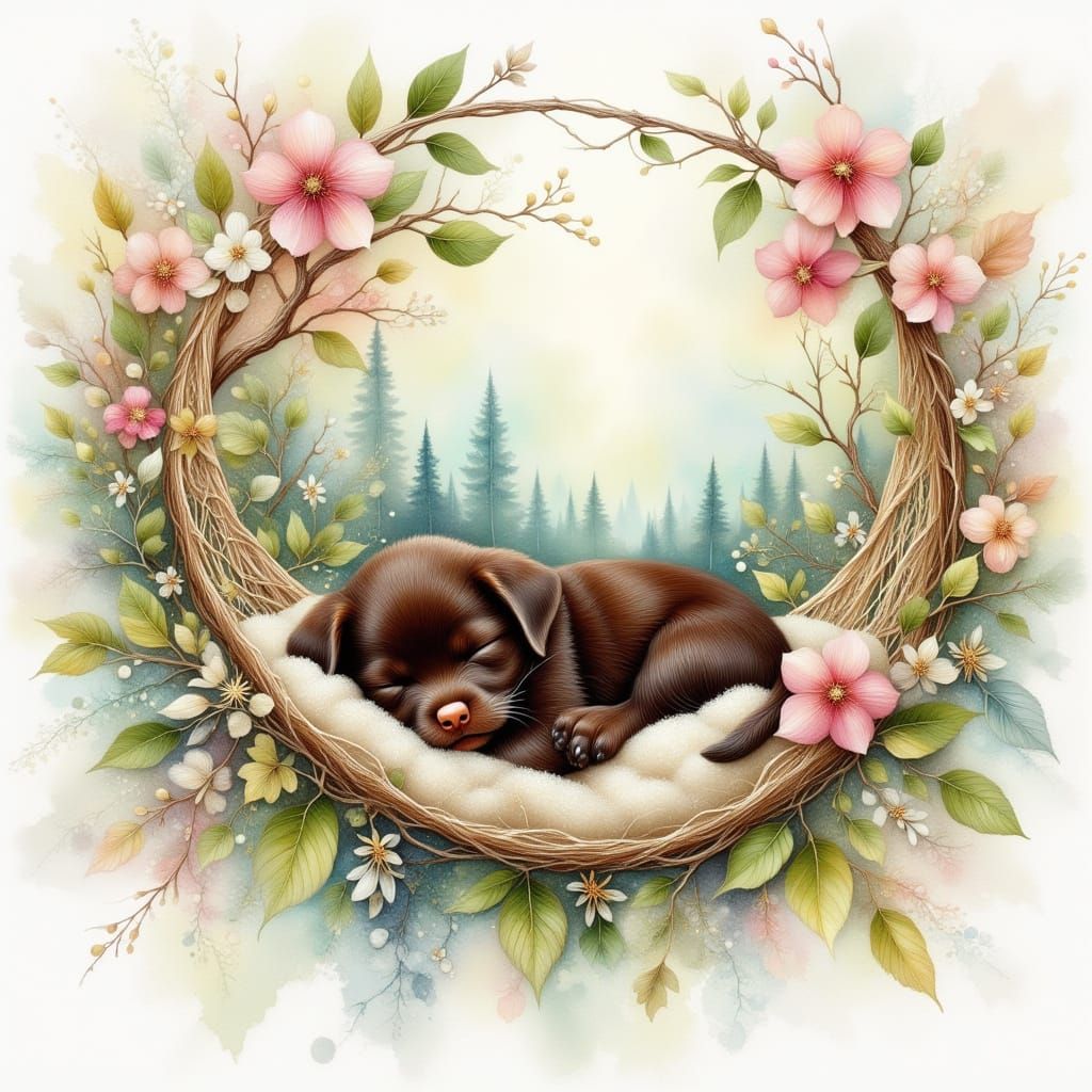 Sleeping Chocolate Lab Puppy in Whimsical Airbrush Style