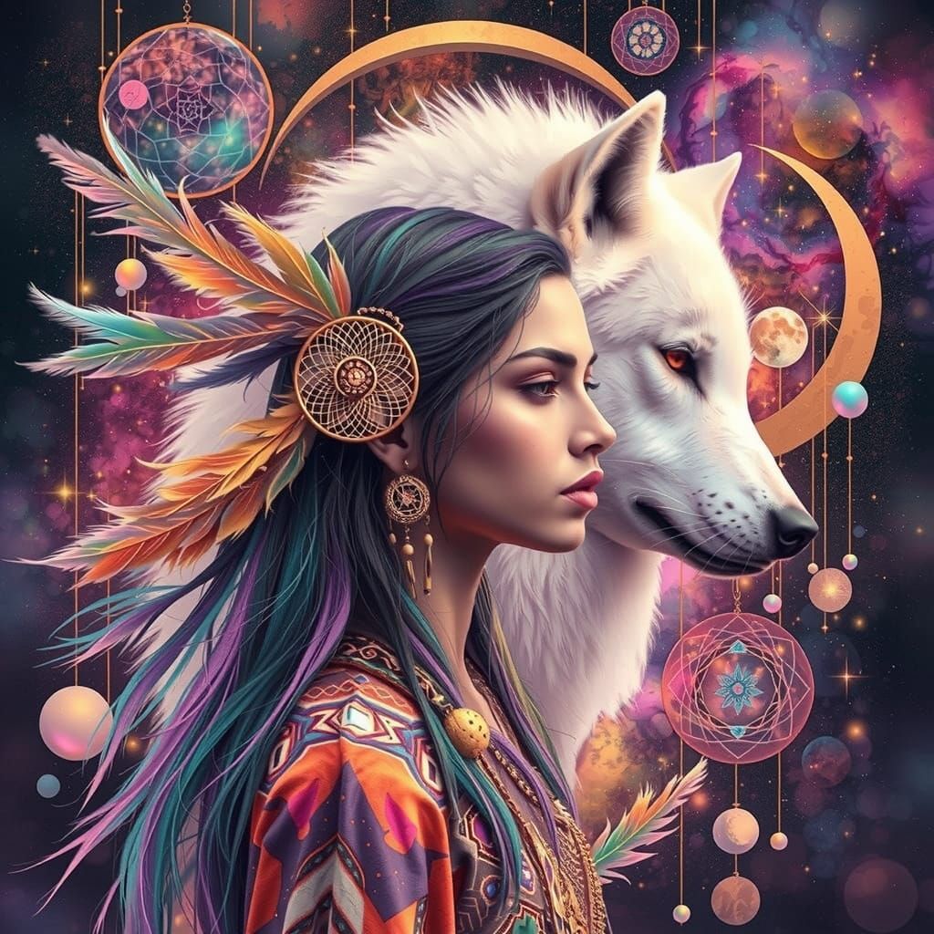 Surreal Wolf Goddess Merges with Cosmos in Dreamcatcher