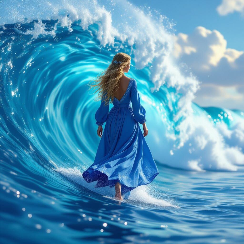 Girl Walking on Water Behind Wave, Digital Art