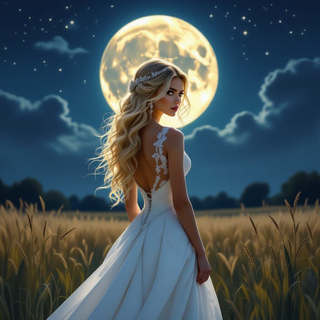Gothic Bride in Moonlit Field - Dark Fantasy Art