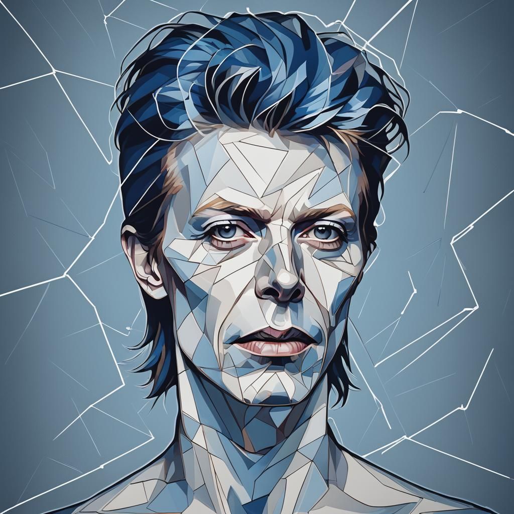 David Bowie Silhouette in Neon Cubist Art Deco Style