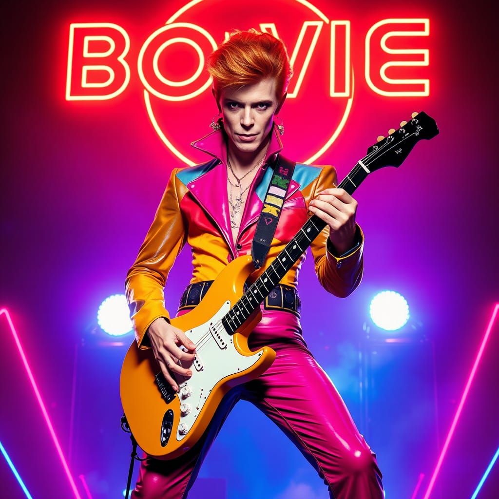 Musician Posing with Guitar in Neon Glam Rock Style
