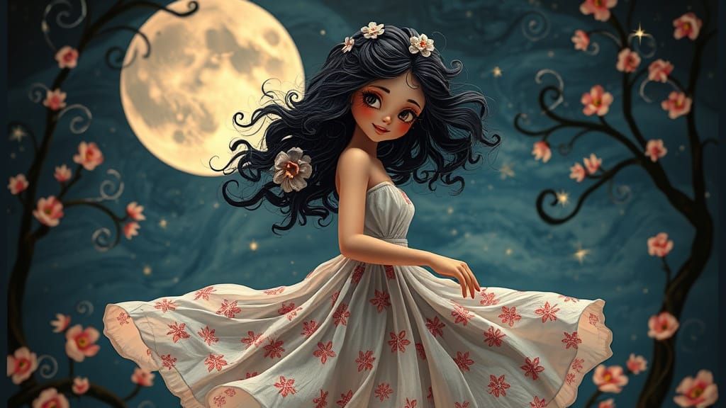 Moonlit Fashionista in Silver Folk Art Dreamscape