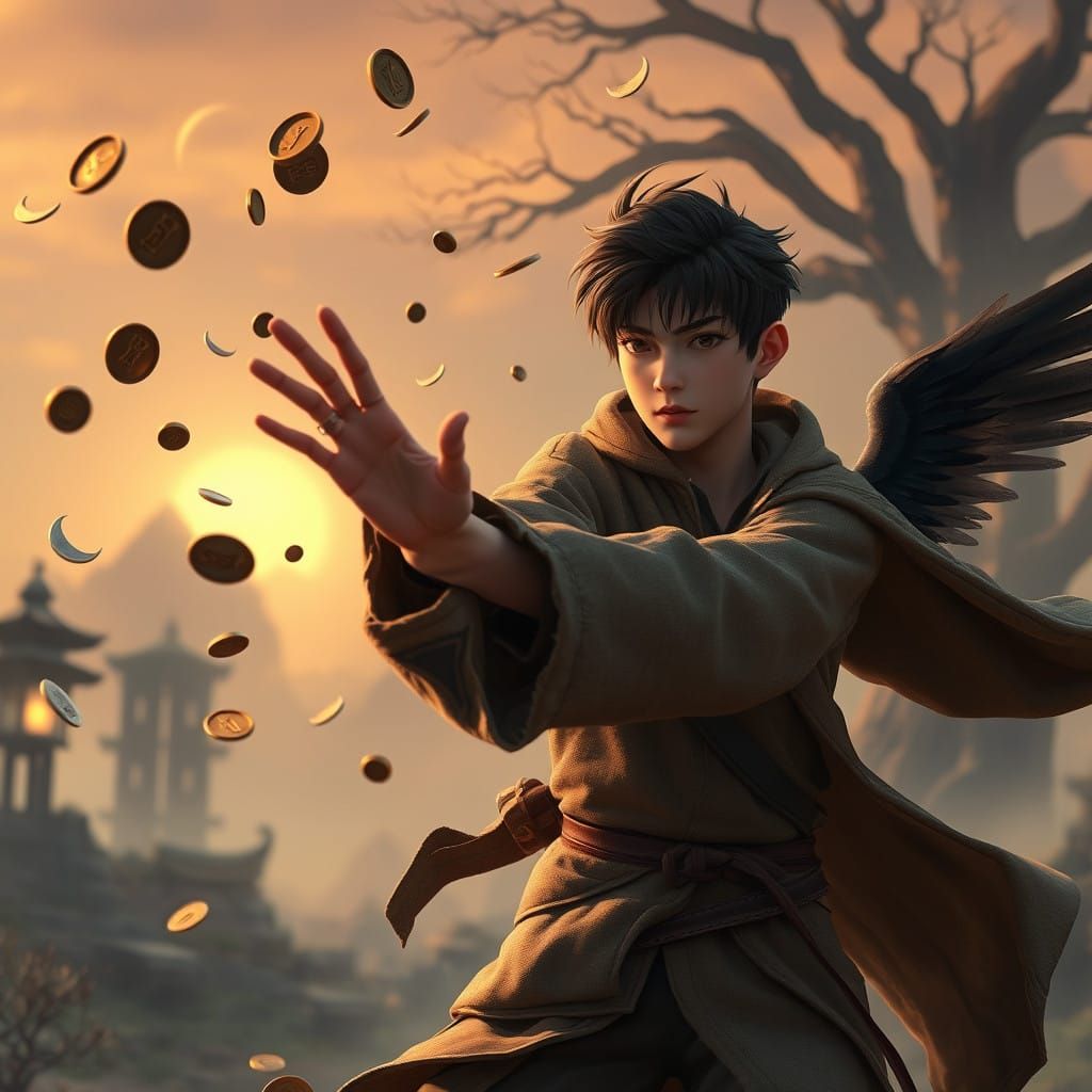 Vin Throws Coins in a Fantastical Asian-Inspired Landscape