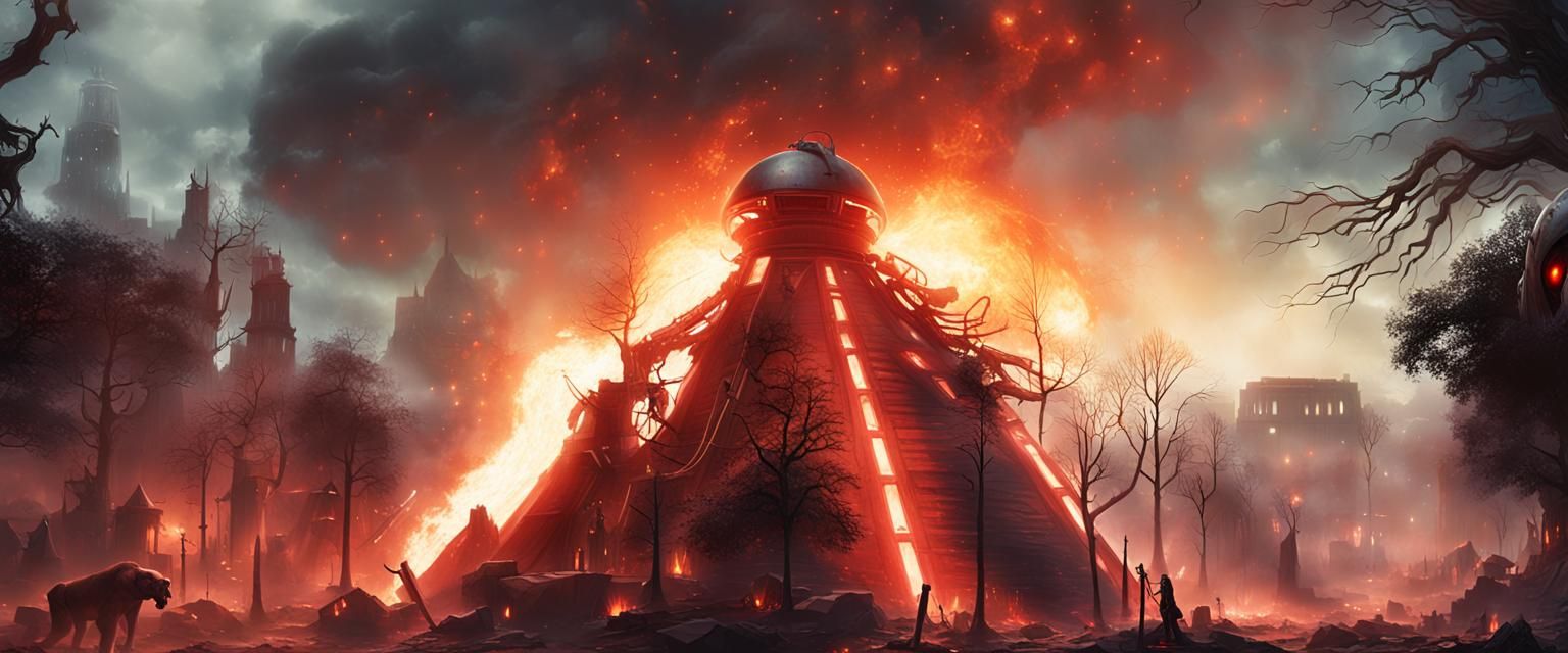 Martian Tripod Towers Over Burning Town