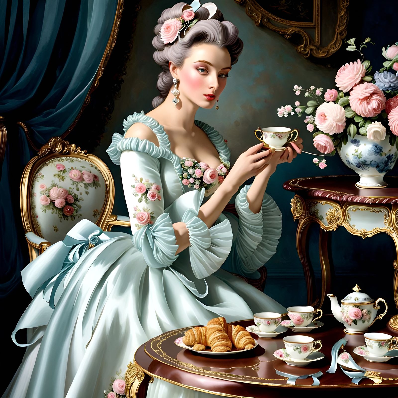 Luxurious Rococo Breakfast Scene with Pompadour Hairstyle