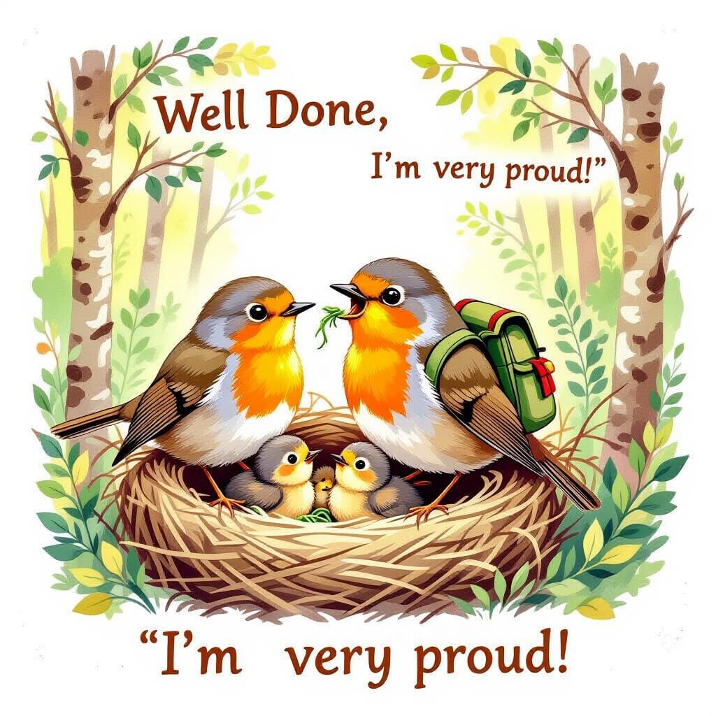 Robin Dad Proudly Feeds Chicks in Cozy Nest