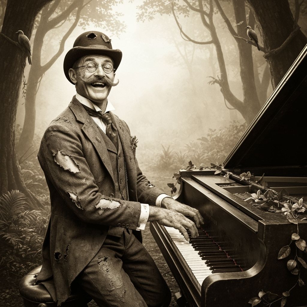 Edwardian Gentleman Plays Piano in Jungle, Sepia Photograph