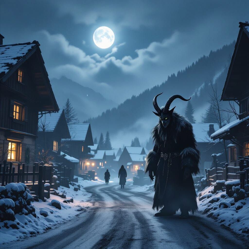 Krampus in Snowy Alpine Village Street